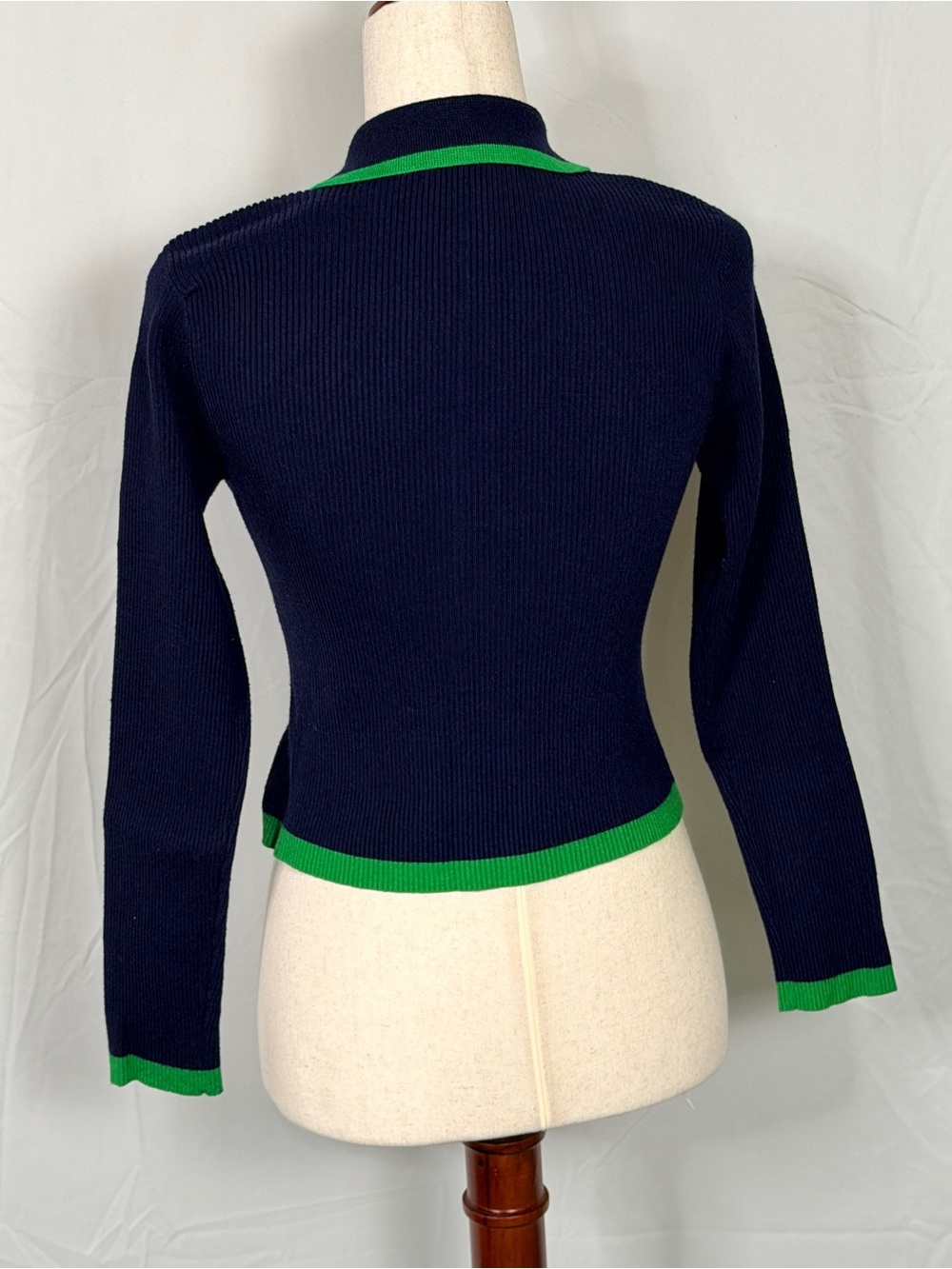 Emerson Lang Navy Knit Polo Sweater with Green Trim, academia, preppy, - Picture 2 of 10